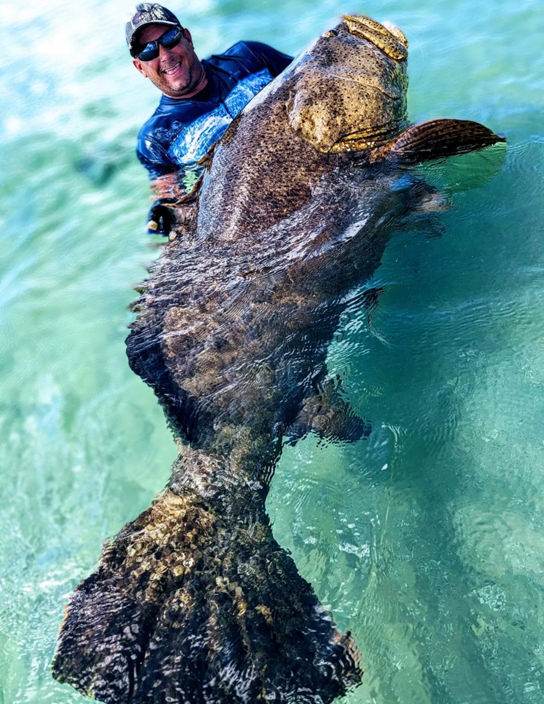 Happy customer and his huge Goliath Grouper catch.