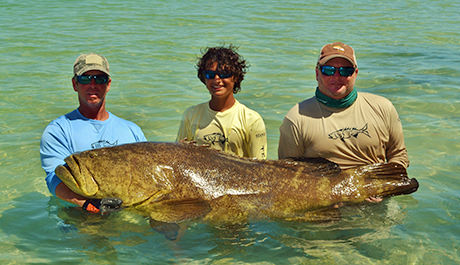 Charter fishing customers holding a huge Goliath Grouper caught in Boca Grande.